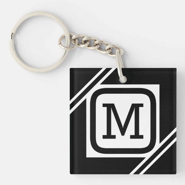 Einfache Monogramm mit kleinem schwarz-weißem Quad Schlüsselanhänger (Vorderseite)