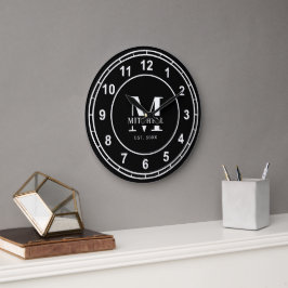 Einfache monogramm Schwarz-Weiß-Familienname Große Wanduhr