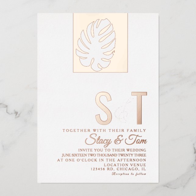 Einfache Monstera Leaf Hochzeit gepresst Folieneinladung (Vorderseite)