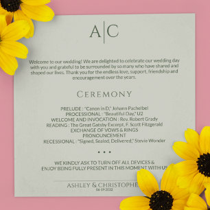 Einfache Moss & Sage Green Mongram Hochzeitfeier Programm