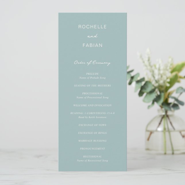 Einfache Mute Blue Elegant Hochzeit Programm (Stehend Vorderseite)