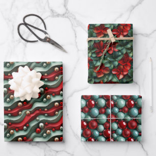 Einfache Nahtlose Weihnachten Rot und Grün Ornamen Geschenkpapier Set