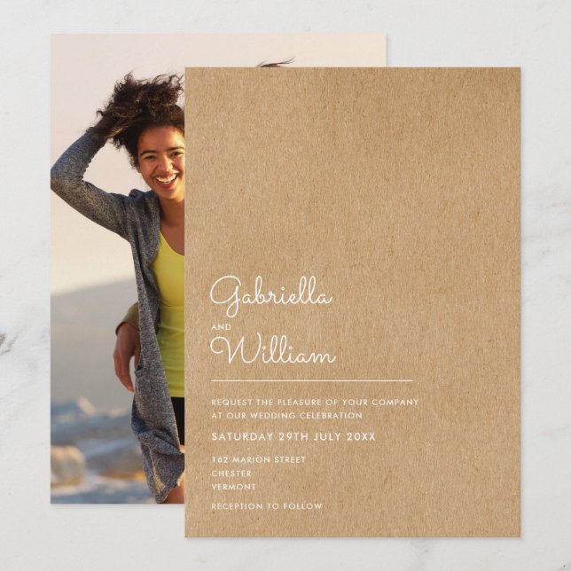 Einfache Naturschrift Rustic Kraft Foto Hochzeit Einladung (Vorne/Hinten)