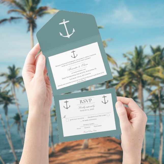 Einfache Nautic Anchor-Hochzeit | AQUAMARIN All In One Einladung (Teal Nautical Anchor Wedding All in One Invitation)