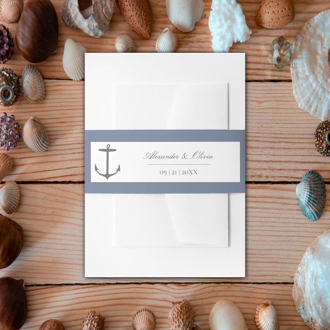 Einfache Nautic Anchor-Hochzeit | Dusty Blue Einladungsbanderole (Dusty Blue Simple Nautical Anchor Wedding Invitation Belly Band)