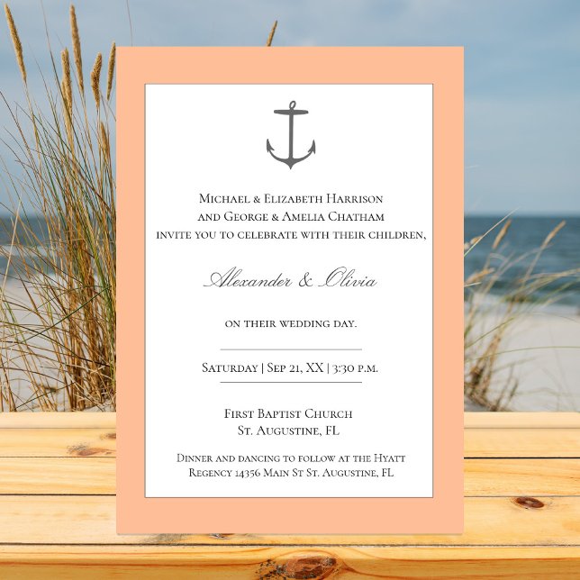 Einfache Nautic Anchor-Hochzeit | Peach Einladung (Peach Fuzz Simple Nautical Anchor Wedding Invitation)