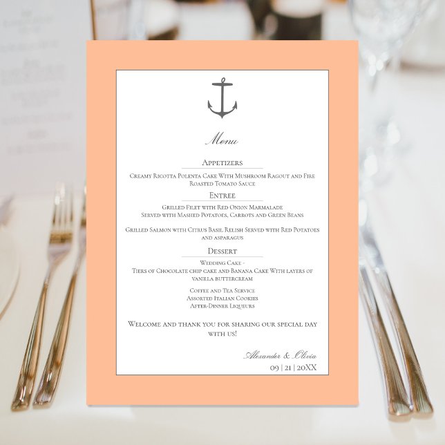 Einfache Nautic Anchor-Hochzeit | Peach Menükarte (Peach Fuzz Simple Nautical Anchor Wedding Menu)