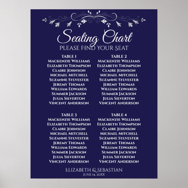 Einfache Navy Blue 4 Table Wedding Chart Poster (Vorne)