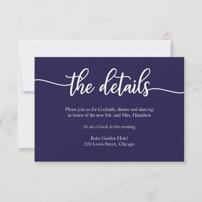 Einfache Navy Blue Calligraphy Wedding Details Car RSVP Karte (Vorderseite)