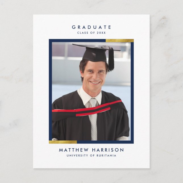 Einfache Navy Blue & Gold Foto Graduation Party Einladungspostkarte (Vorderseite)