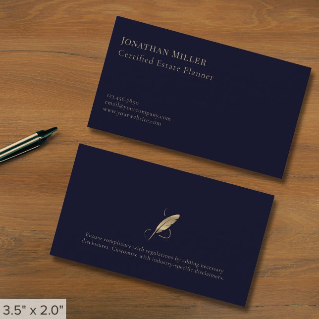 Einfache Navy Blue Gold Quill Visitenkarte (Von Creator hochgeladen)