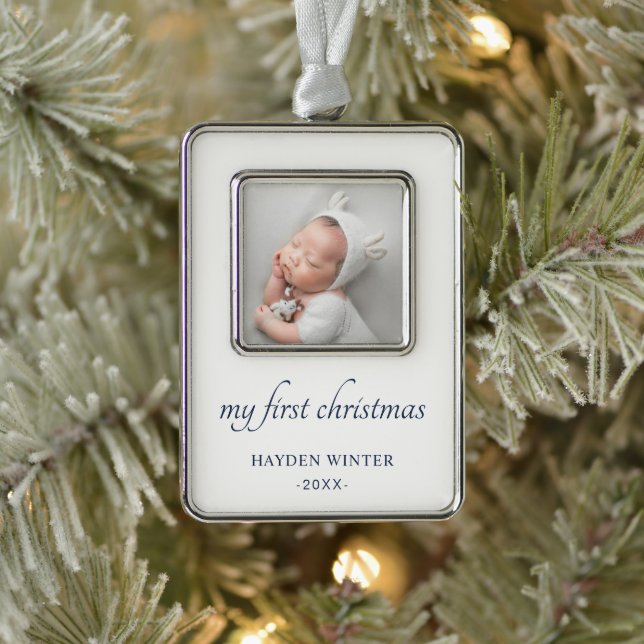 Einfache Navy Blue Minimalistisch Foto Baby's Firs Rahmen-Ornament Silber (Baum)
