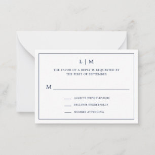 Einfache Navy Blue Monogram Mini Wedding RSVP Mitteilungskarte