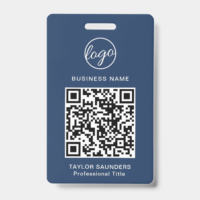Einfache Navy Blue QR Code Mitarbeiter-ID Ausweis (Vorderseite)