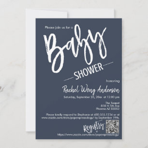Einfache Navy Blue Script Baby Dusche QR Code Foto Einladung