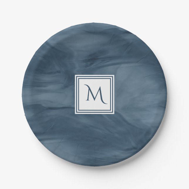 Einfache Navy Blue Subtle Marble Moderne Monogram Pappteller (Vorderseite)