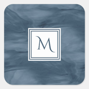 Einfache Navy Blue Subtle Marble Moderne Monogram Quadratischer Aufkleber