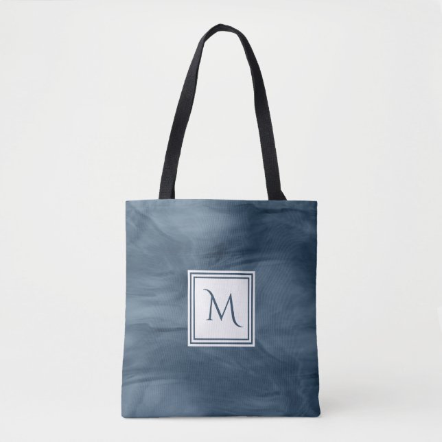 Einfache Navy Blue Subtle Marble Moderne Monogram Tasche (Vorderseite)