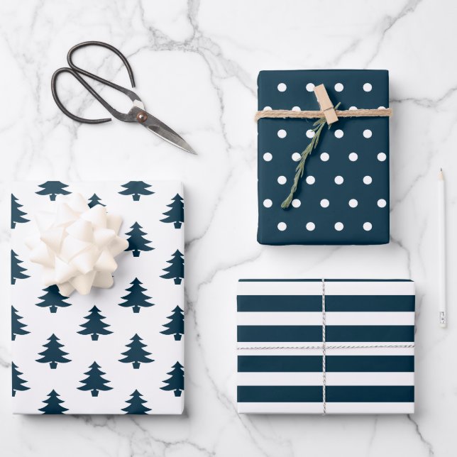 Einfache Navy Blue Weihnachtsbaumen gemischt Geschenkpapier Set (Vorderseite)