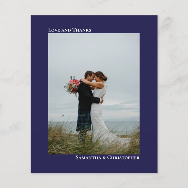 Einfache Navy BUDGET Hochzeit Foto Danke Karte (Vorderseite)