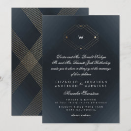 Einfache Navy Moderne Monogram Script Gold Einladung