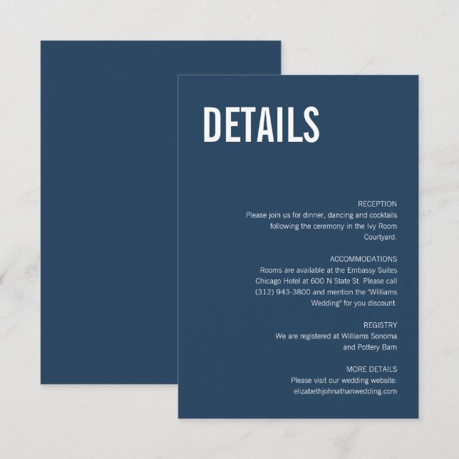 Einfache Navy-Typografie-Hochzeitsdetails Begleitkarte (Vorne/Hinten)