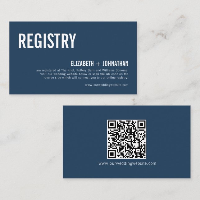 Einfache Navy Typografy Wedding Registry QR Code Begleitkarte (Vorne/Hinten)