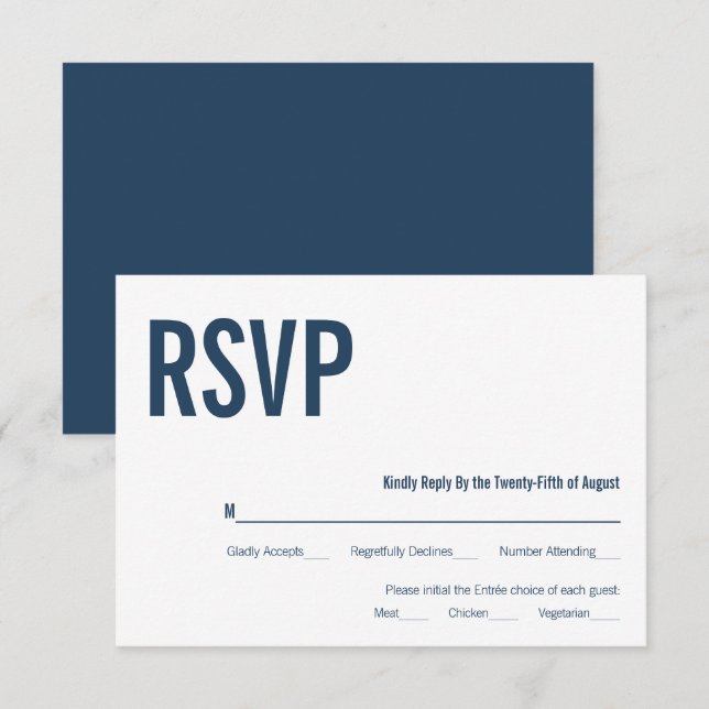 Einfache Navy Typografy Wedding RSVP Card Karte (Vorne/Hinten)