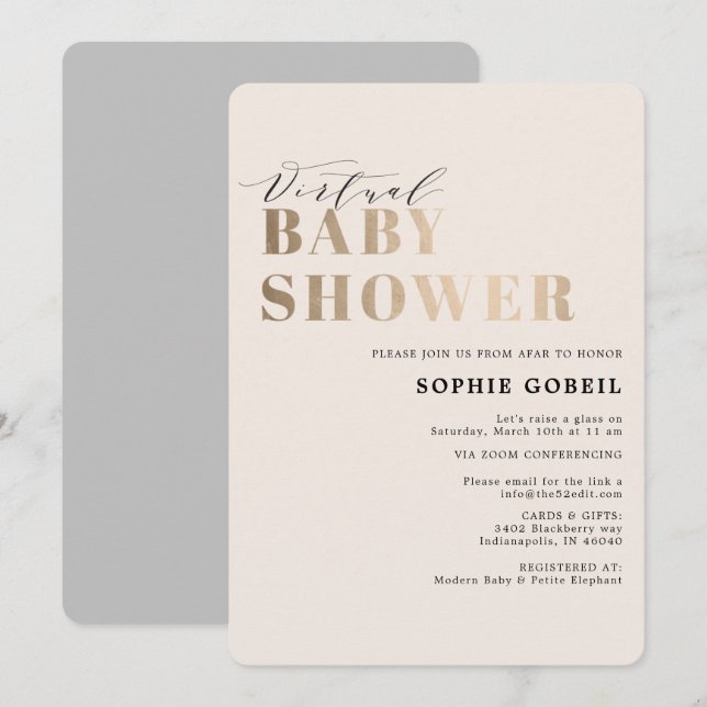 Einfache neutrale Taupe & Gold Babydusche Einladung (Vorne/Hinten)