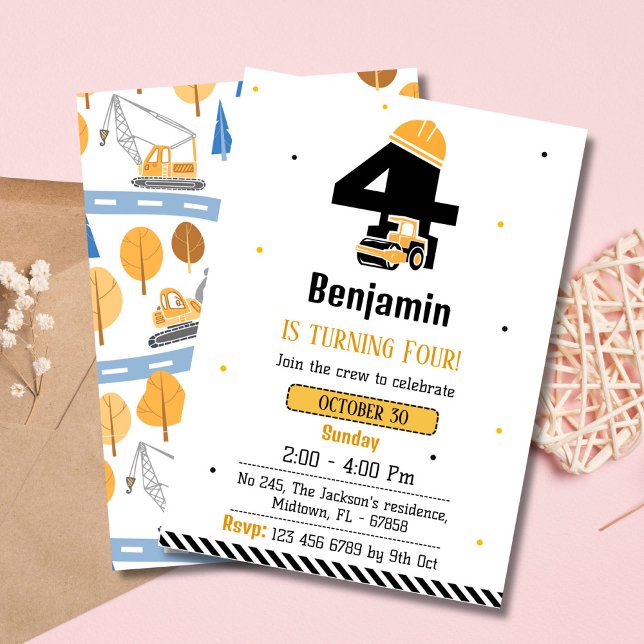 Einfache niedliche Bauskinder 4. Geburtstag Einladung (Von Creator hochgeladen)