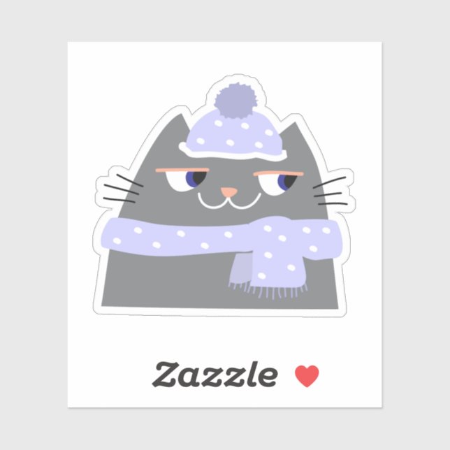 Einfache Niedliche Cartoon Winterkatze mit Cap und Aufkleber (Blatt)