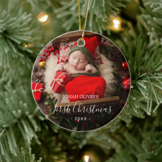 Einfache Niedliche Elegant Foto Baby's First Chris Keramik Ornament (Baum)