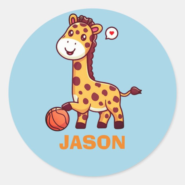 Einfache niedliche Giraffe Kawaii mit Basketball Runder Aufkleber (Vorderseite)