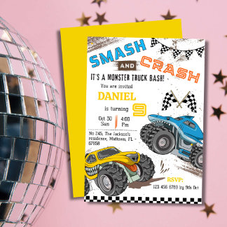 Einfache niedliche Monster-LKW-Kind 9. Geburtstag Einladung
