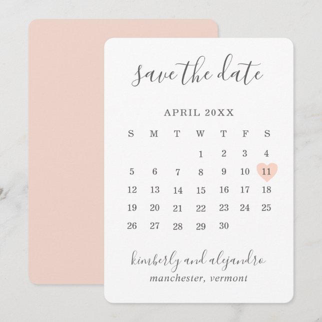 Einfache Niedliche Peach Heart Calender Wedding Save The Date (Vorne/Hinten)