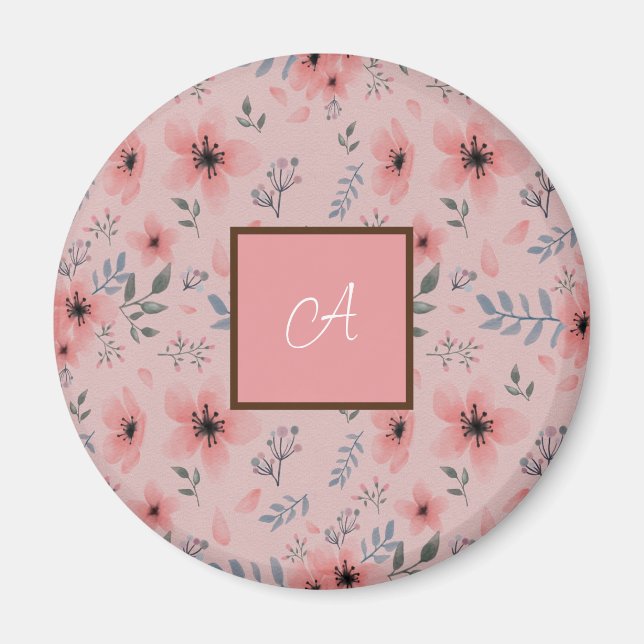 Einfache Niedliche rosa Blume Bloom Boho Monogram Magnet (Vorne)