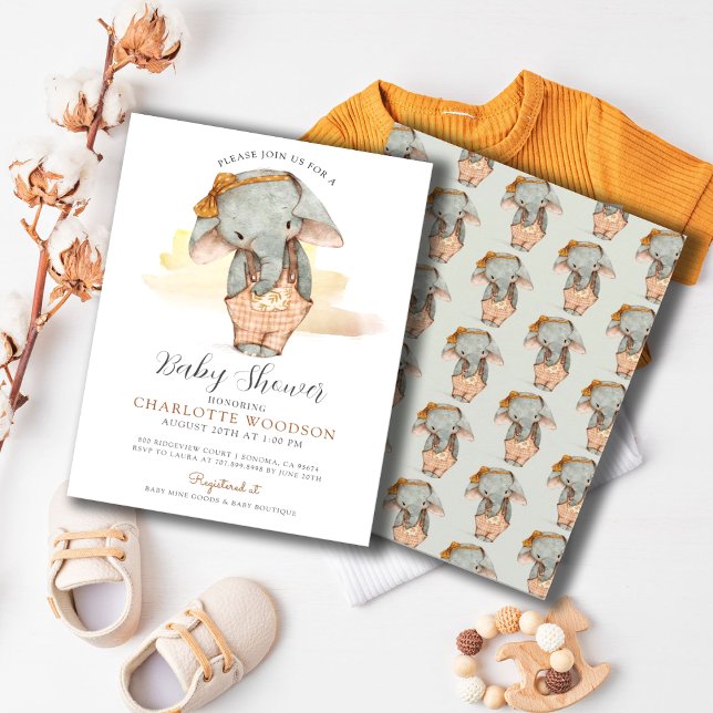 Einfache Niedliche Wasserfarbe Elephant Girl Baby  Einladung (Elephant Girl Baby Shower Invitation)