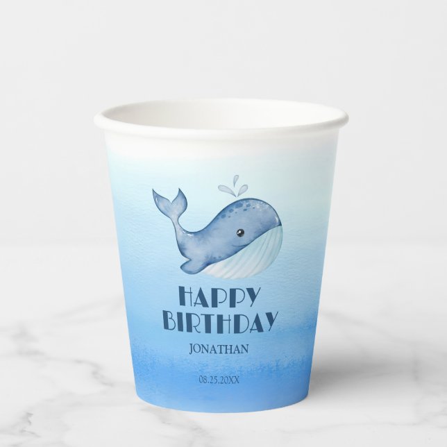 Einfache Niedliche Whale Blue Sea Happy Birthday Pappbecher (Vorderseite)