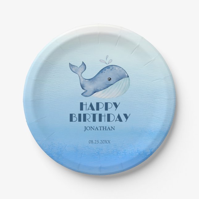 Einfache Niedliche Whale Blue Sea Happy Birthday Pappteller (Vorderseite)