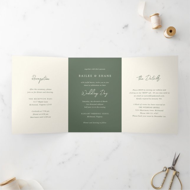 Einfache Olive Green Moderne Hochzeit Dreifach Gefaltete Einladung (Innenseite)
