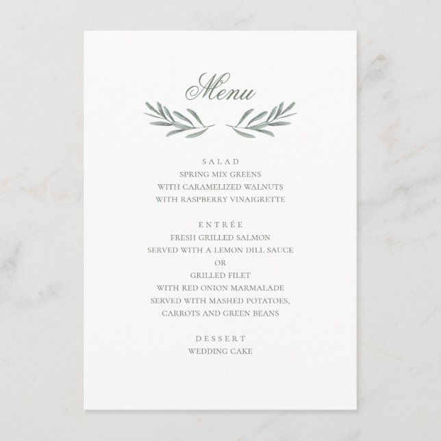 Einfache Oliven-Blätter. Italienische Hochzeit. bo Menükarte (Vorderseite)