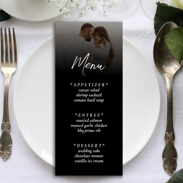 Einfache Ombre Black Foto Hochzeitsempfehlung Menükarte (Simple Ombre Black Photo Wedding Reception Menu)