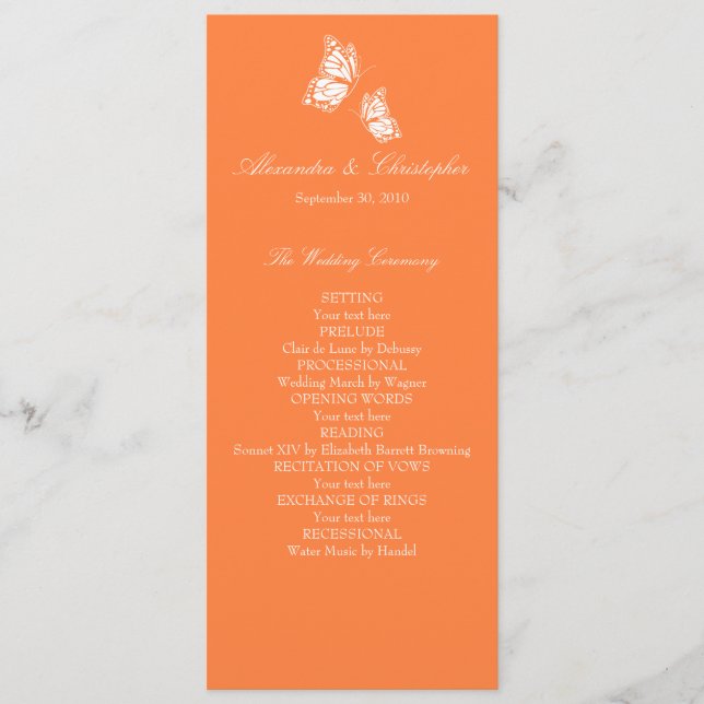 Einfache Orange Butterflies Hochzeitsprogramm Programm (Vorderseite)