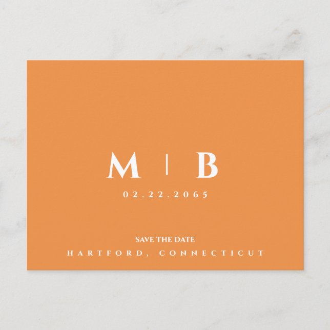 Einfache Orange Monogram Wedding Save the Date Postkarte (Vorderseite)