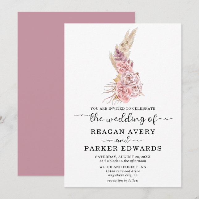 Einfache Pampas-Gras-Rose und Lila Hochzeit Einladung (Vorne/Hinten)