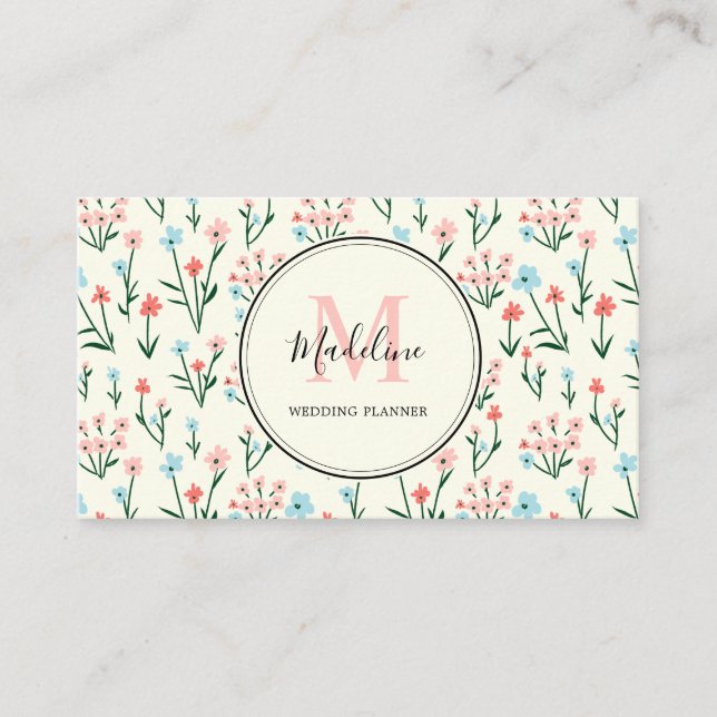 Einfache Pastell Pink Blue Flowers Muster Business Visitenkarte (Vorderseite)