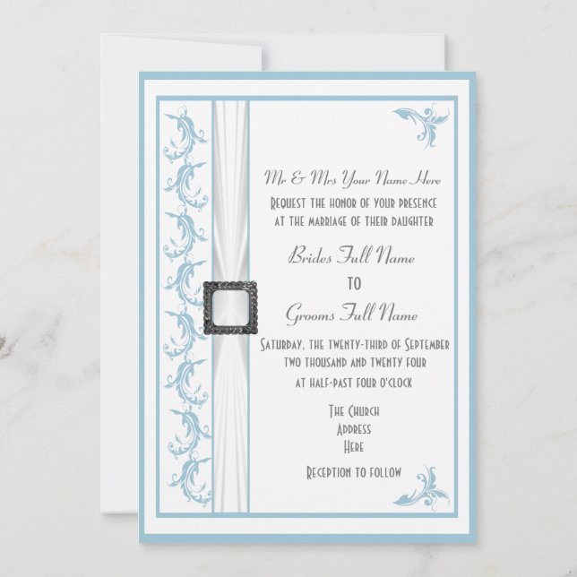 Einfache Pastellblau-Weiß traditionelle Hochzeit Einladung (Rückseite)