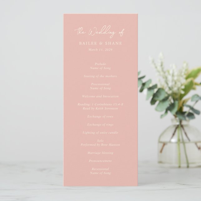 Einfache Peach Moderne Hochzeit Programm (Stehend Vorderseite)