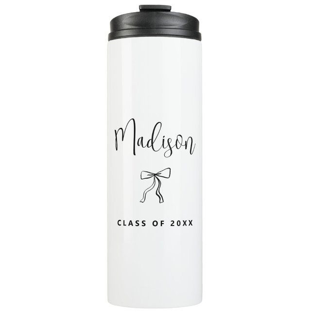 Einfache Personalisierte Klasse des Abschlusses 20 Thermosbecher (class of 2025 graduation thermal coffee tumbler with name, chic modern simple, college, coquette bow)
