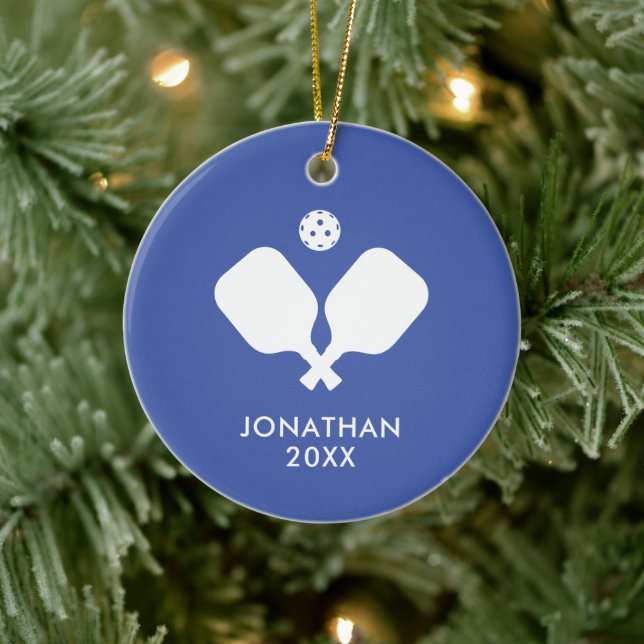 Einfache Pickleball Paddles Blau Personalisiert Keramik Ornament (Baum)